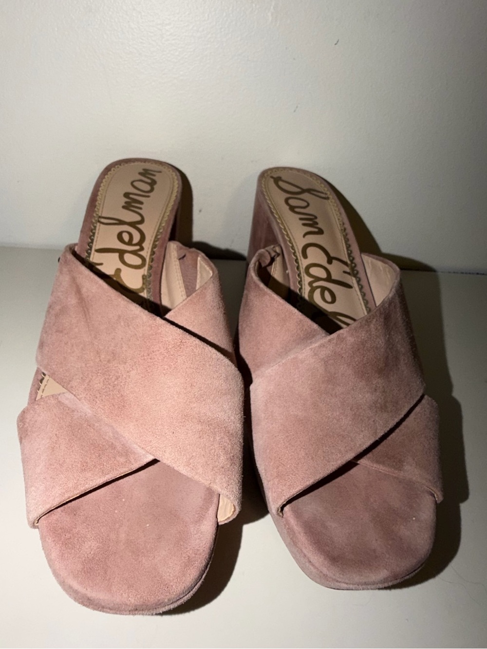 Sam Edelman Jayne Blush Pink Suede Crisscross Block Heel Mules Sz 10